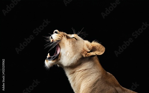Close-up of a lioness roaring against a black background. The image is sharply focused on the lioness's face and open mouth, showcasing details like her teeth and whiskers. The lighting is dramatic