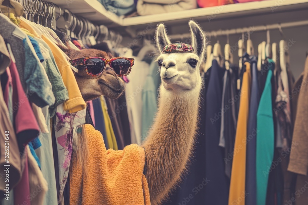 Obraz premium Hipster llama exploring second-hand clothes in a stylish thrift store