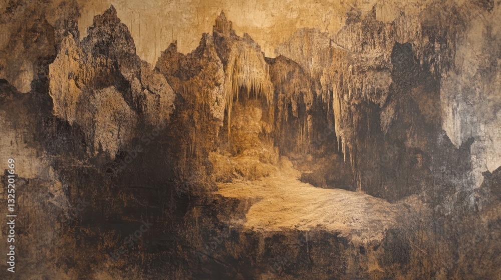 A depiction of a cave with stalactites and rocky surfaces A depiction of a cave with stalactites and rocky surfaces