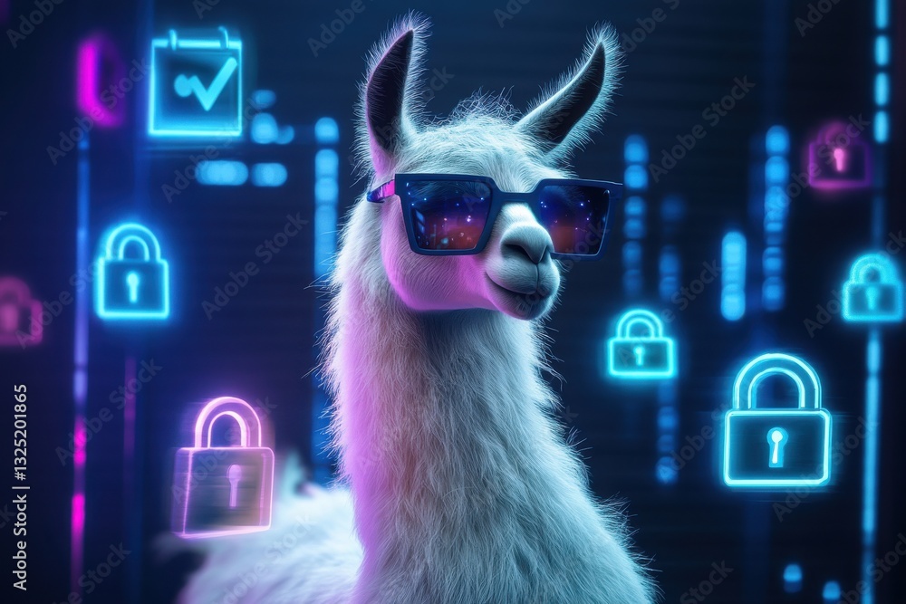 Fototapeta premium Cyber llama in futuristic neon world with digital locks and encryption