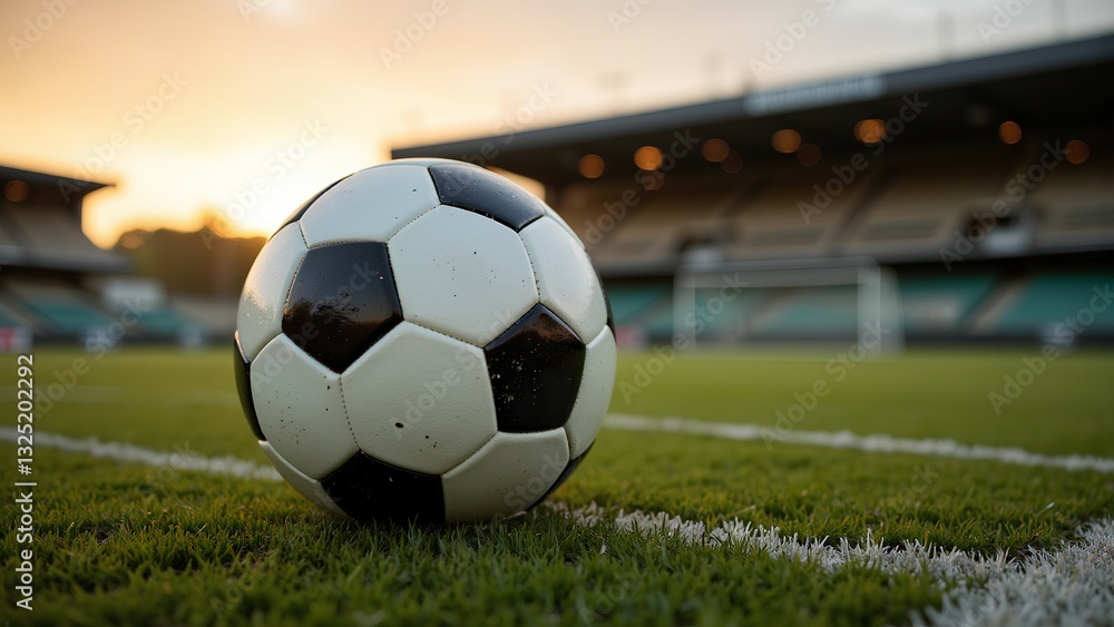 Fototapeta premium A close-up of a soccer ball on a grassy field, with a stadium in the background during sunset.