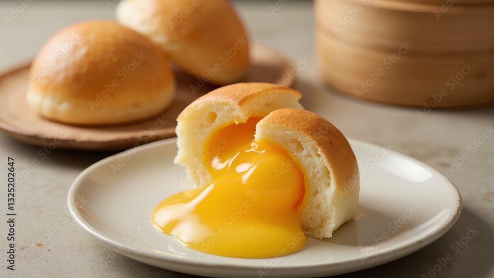 A soft, golden bun filled with rich, flowing egg yolk, served on a plate, creating an enticing visual for food lovers. A soft, golden bun filled with rich, flowing egg yolk, served on a plate, creating an enticing visual for food lovers.