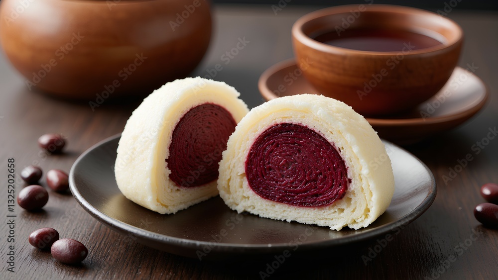 A plate of sweet mochi filled with red bean paste, accompanied by a bowl of tea, creating an inviting and traditional Japanese dessert presentation. A plate of sweet mochi filled with red bean paste, accompanied by a bowl of tea, creating an inviting and traditional Japanese dessert presentation.