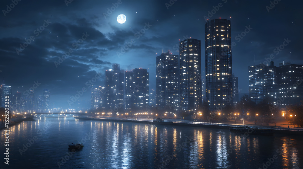 Obraz premium Nighttime cityscape with illuminated skyscrapers reflecting on a calm river under a full moon