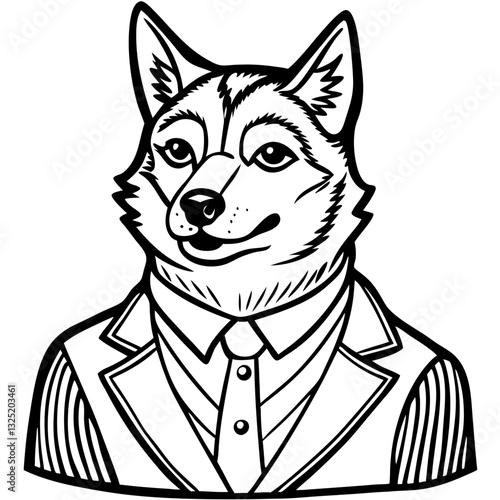 a drawing of a businesslike dog, wearing a suit and tie, looking smart and sophisticated