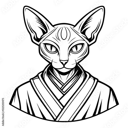 a Sphynx cat wearing a robe, exuding an air of mystery and elegance, with its sleek and hairless appearance. The line art adds a unique and artistic touch to this depiction