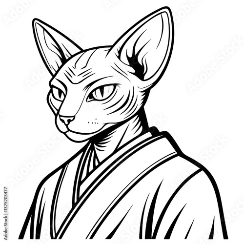 a unique Sphynx cat with a contemplative look, wearing a robe 