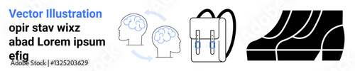 Outline of human profiles with brain sync arrows, minimal backpack, and stylized shoes concept. Ideal for learning, teamwork, travel, mindfulness, self-expression, innovation flat landing page