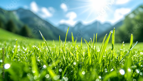 Lush green grass with dew drops in a mountain meadow
