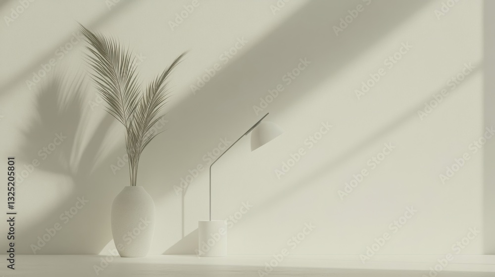 Calm Minimalist Interior with Plant and Modern Light Fixture Calm Minimalist Interior with Plant and Modern Light Fixture