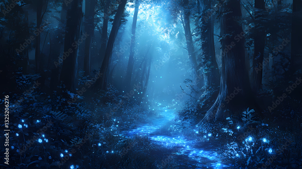 Naklejka premium Mystical forest scene, glowing blue luminescence illuminating tranquil woodland with soft light filtering through trees, serene atmosphere. Serene Luminescence. Illustration