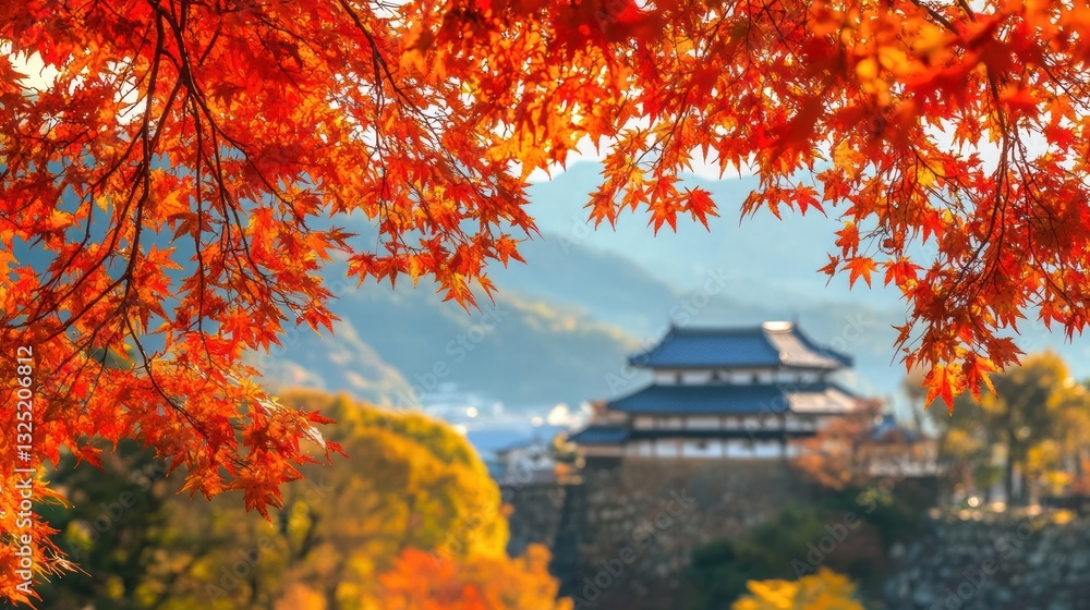 Beautiful autumnal foliage framing a distant historic castle Beautiful autumnal foliage framing a distant historic castle