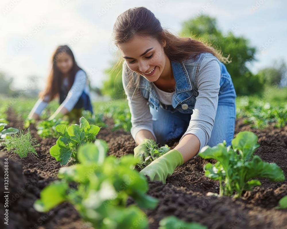 A mother and daughter planting seeds in the garden together, Parenting, Educational and nurturing A mother and daughter planting seeds in the garden together, Parenting, Educational and nurturing