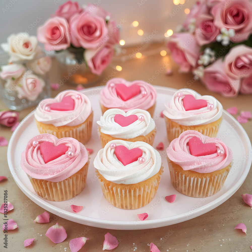 Dulce Tentación: Cupcakes de Corazón Decorados con Perlas y Polvo de Azúcar Dulce Tentación: Cupcakes de Corazón Decorados con Perlas y Polvo de Azúcar
