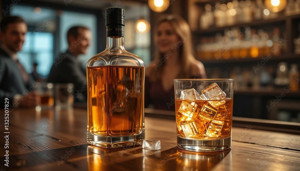 A Bottle of Brandy and Glass of Brandy Filled with Ice Cubes. A Bottle of Brandy and Glass of Brandy Filled with Ice Cubes.