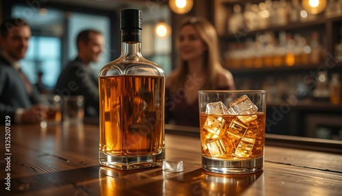 A Bottle of Brandy and Glass of Brandy Filled with Ice Cubes.