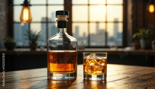 A Bottle of Brandy and Glass of Brandy Filled with Ice Cubes.