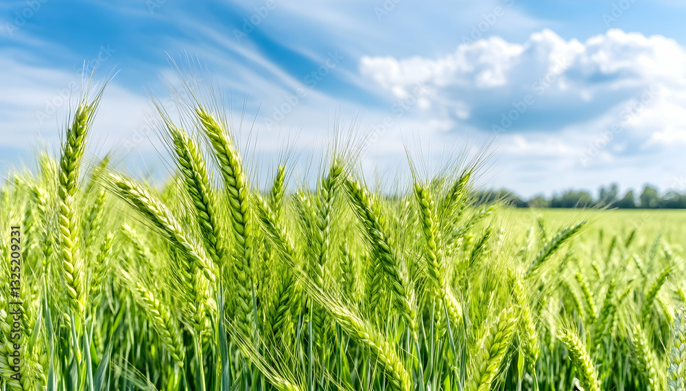 Lush green wheat field under a partly cloudy sky Lush green wheat field under a partly cloudy sky
