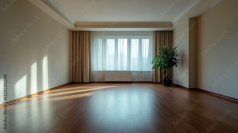 Obraz premium Empty Bright Room with a Large Window and Curtains / 大きな窓とカーテンのある明るく空っぽの部屋