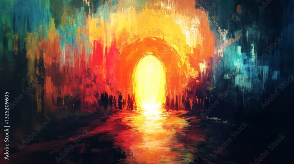 Obraz premium Vibrant Abstract Painting of Figures Walking Toward a Bright Gateway