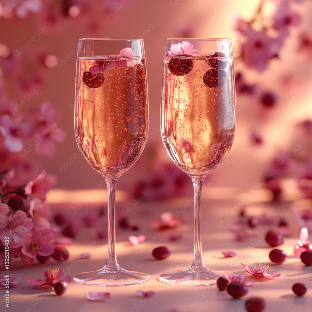 two glasses of pink sparkling drink decorated with cranberries and delicate flower petals. two glasses of pink sparkling drink decorated with cranberries and delicate flower petals.
