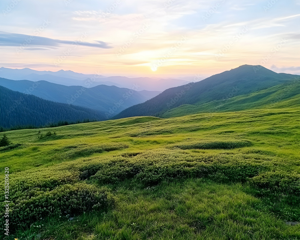 Naklejka premium Lush mountain meadow at sunset