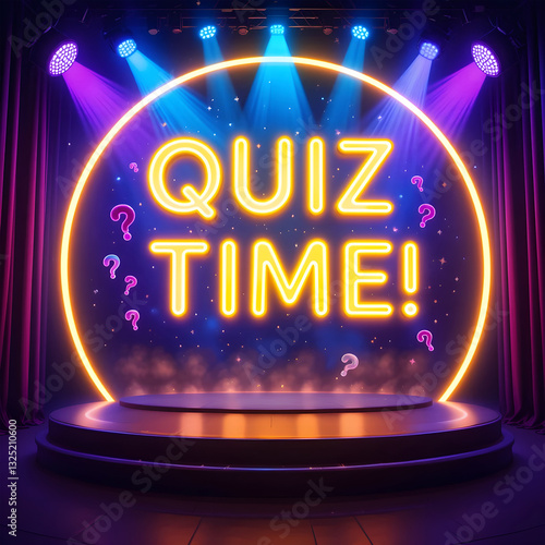 Wallpaper Mural Quiz Time Stage Ready for an Engaging Game Show.A vibrant, digitally rendered stage backdrop featuring a neon-lit "QUIZ TIME!" sign. Torontodigital.ca