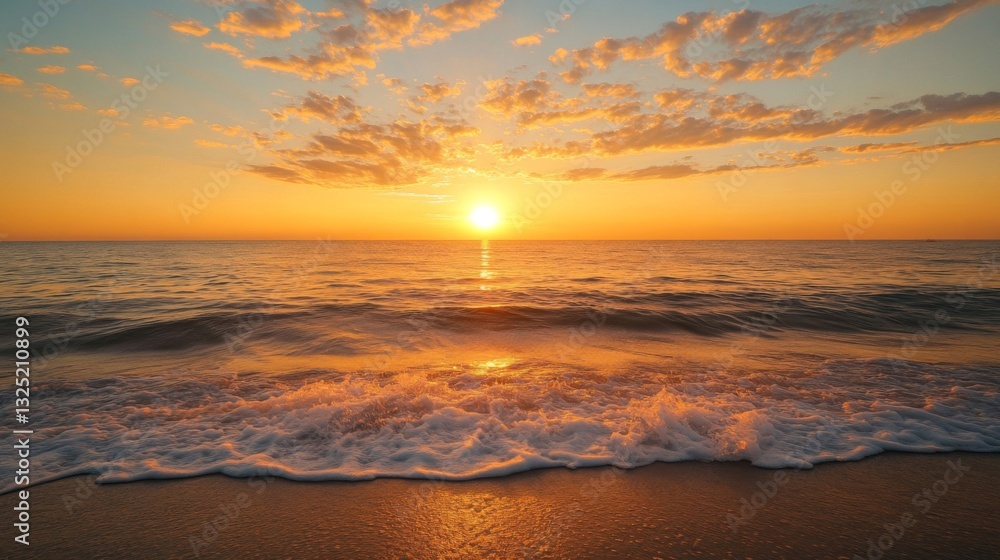 Obraz premium Orange Sunset Over Calm Ocean Waves on Sandy Beach
