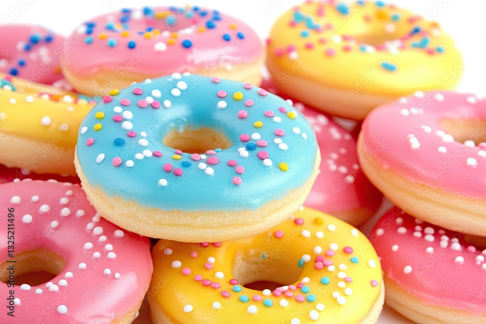 Colorful glazed doughnuts stacked high. A close-up view of a pile of assorted colorful doughnuts, showcasing light pink, yellow, and light blue icing, topped with sprinkles. Colorful glazed doughnuts stacked high. A close-up view of a pile of assorted colorful doughnuts, showcasing light pink, yellow, and light blue icing, topped with sprinkles.