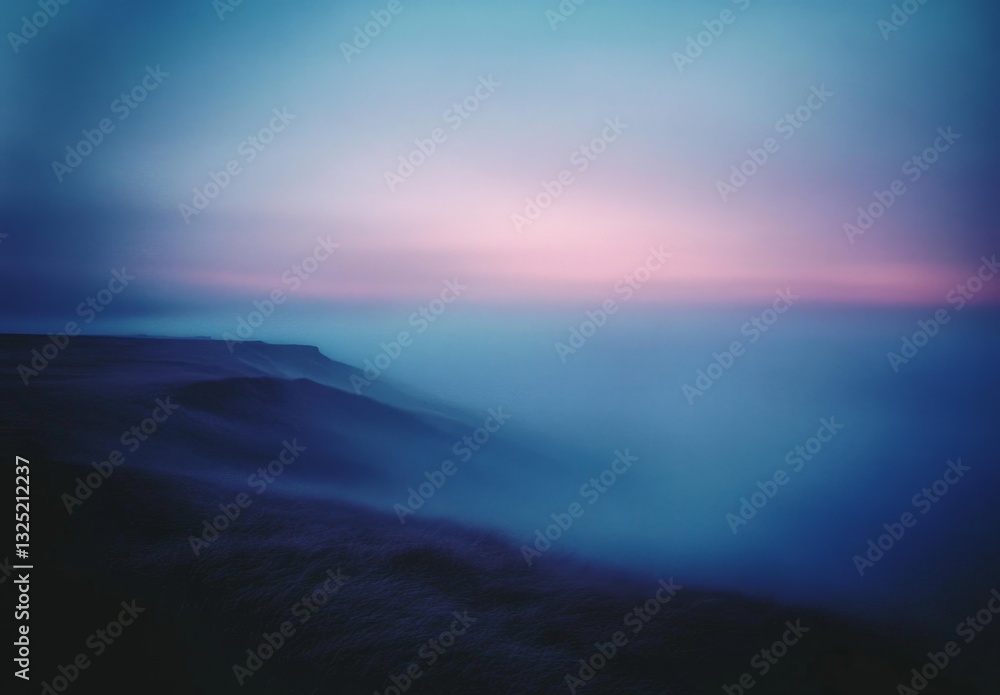 Fototapeta premium Soft Gradient of Blue and Purple Hues at Dusk Over Foggy Hills Creating a Dreamlike Landscape Atmosphere in Nature's Palette