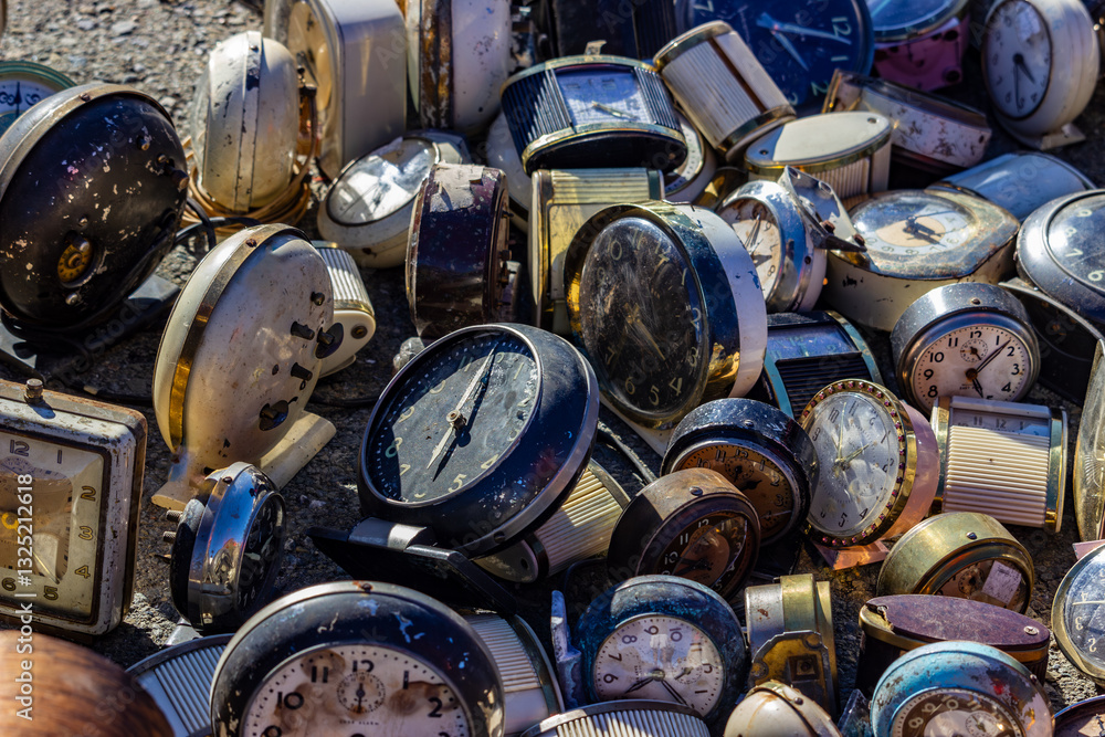 Large pile of vintage and antique alarm clocks in various states of rust and disrepair, showcasing the charm and nostalgia of old-fashioned timekeeping devices with their rustic and distressed designs
