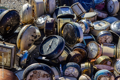 Obraz na płótnie Large pile of vintage and antique alarm clocks in various states of rust and disrepair, showcasing the charm and nostalgia of old-fashioned timekeeping devices with their rustic and distressed designs w salonie
