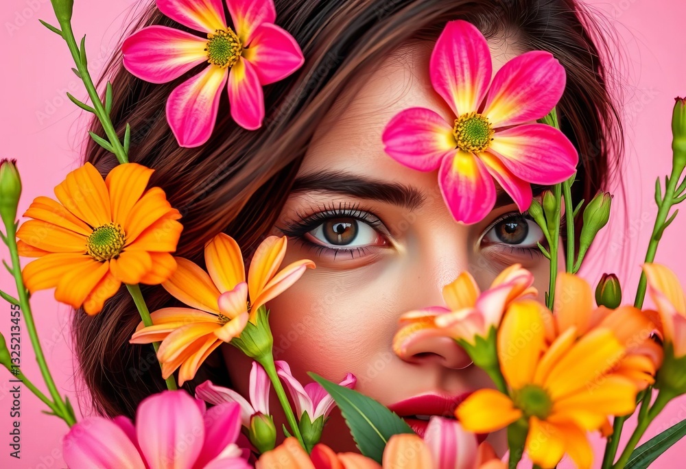 Close-up of brunette face partially hidden by vibrant flowers, pastel pink background, spring, delicate Close-up of brunette face partially hidden by vibrant flowers, pastel pink background, spring, delicate