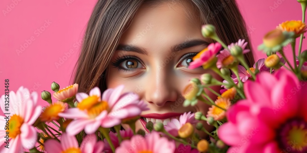 Close-up of brunette's smiling eyes peeking from colorful flowers, pink background, beauty, closeup Close-up of brunette's smiling eyes peeking from colorful flowers, pink background, beauty, closeup