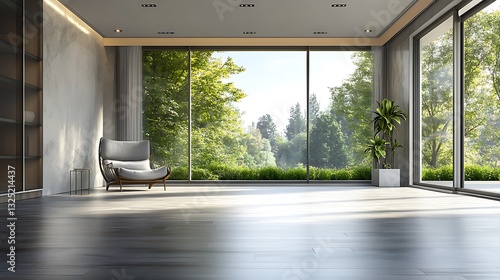 Empty Modern Room with a Large Window Overlooking a Forest / 森を見下ろす大きな窓のあるモダンな空き部屋