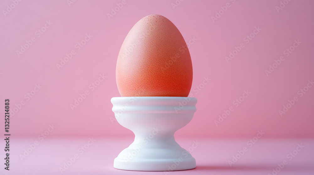 Simple brown egg resting on a white egg cup against a pink background Simple brown egg resting on a white egg cup against a pink background