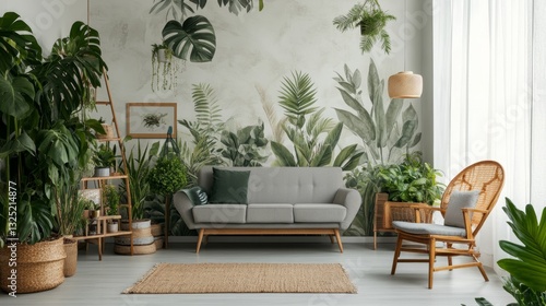 Indoor Plant Room with Tropical Wall Art Sofa and Wicker Accents 