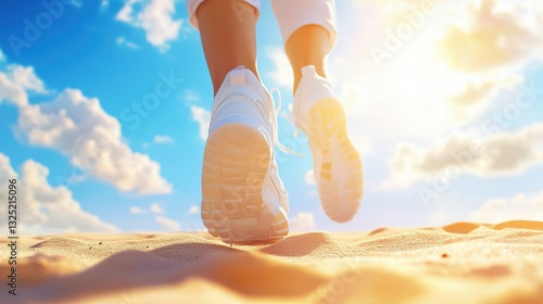 Woman Running On Sandy Beach Under Sunny Sky
