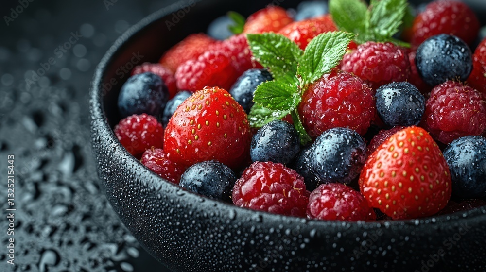 Close-up of a dark bowl filled with fresh raspberries, blueberries, and strawberries, garnished with mint leaves; water droplets on the bowl and surface. Close-up of a dark bowl filled with fresh raspberries, blueberries, and strawberries, garnished with mint leaves; water droplets on the bowl and surface.