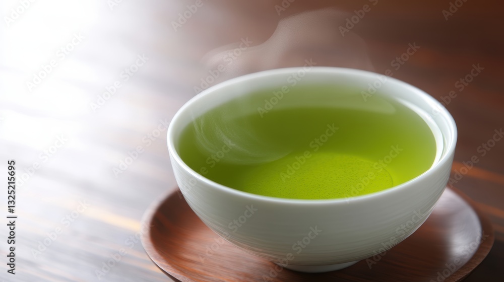 A steaming cup of green tea sits elegantly on a wooden table, showcasing a soothing ambiance perfect for wellness themes, relaxation, or culinary projects, Ideal for blogs, magazines A steaming cup of green tea sits elegantly on a wooden table, showcasing a soothing ambiance perfect for wellness themes, relaxation, or culinary projects, Ideal for blogs, magazines