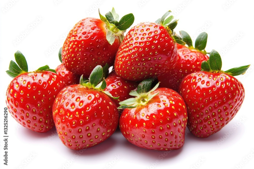 Fresh, vibrant strawberries. A cluster of juicy, red berries with green leaves Fresh, vibrant strawberries. A cluster of juicy, red berries with green leaves