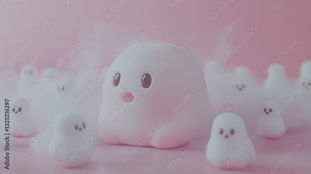 Adorable ghost figures, surrounding the large one, in pink Adorable ghost figures, surrounding the large one, in pink