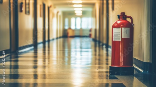 Wallpaper Mural Red Fire Extinguisher in Long Hallway with Glossy Floor Tiles Torontodigital.ca