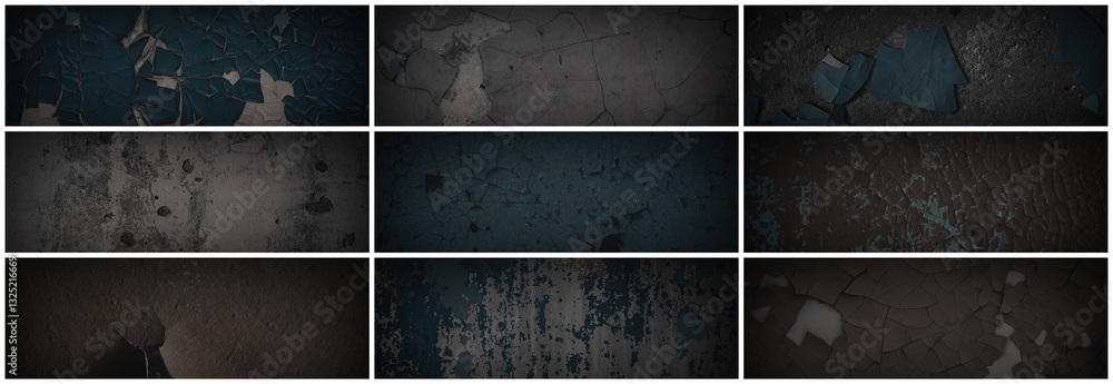 Set of dark panoramic background textures. Collection of wide textures with peeling paint, cracks, rust, scratches, noise and grain. Rough surfaces of old walls. Bundle of backgrounds for design.