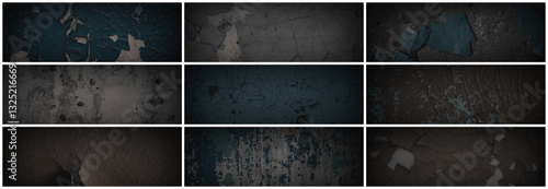 Obraz na płótnie Set of dark panoramic background textures. Collection of wide textures with peeling paint, cracks, rust, scratches, noise and grain. Rough surfaces of old walls. Bundle of backgrounds for design. w salonie