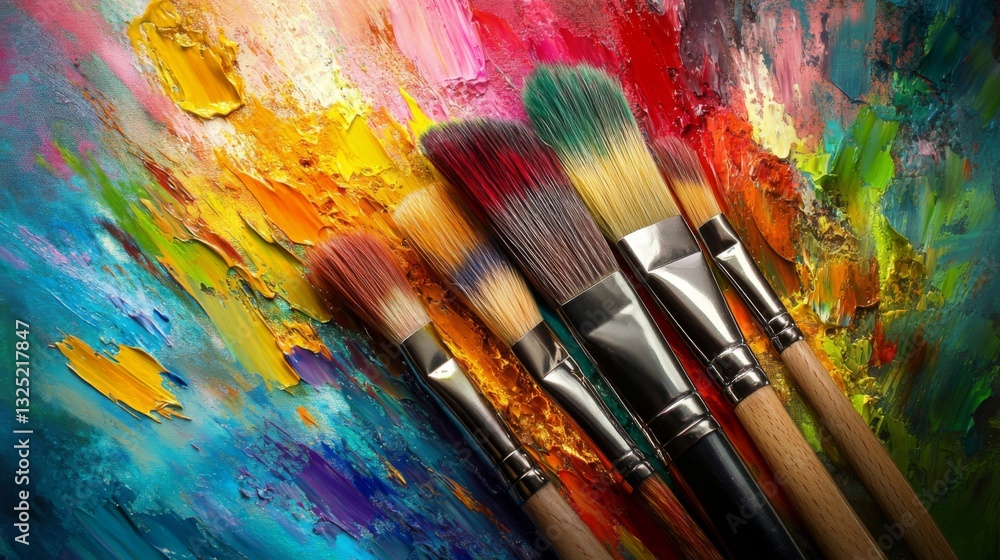 Fototapeta premium Colorful Paintbrushes on Vibrant Abstract Canvas