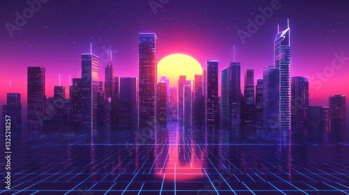 Wallpaper Mural An artistic cityscape shows modern architecture and a colorful sunset Torontodigital.ca