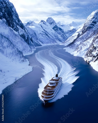 Luxurious cruise ship navigating a scenic, icy fjord in winter