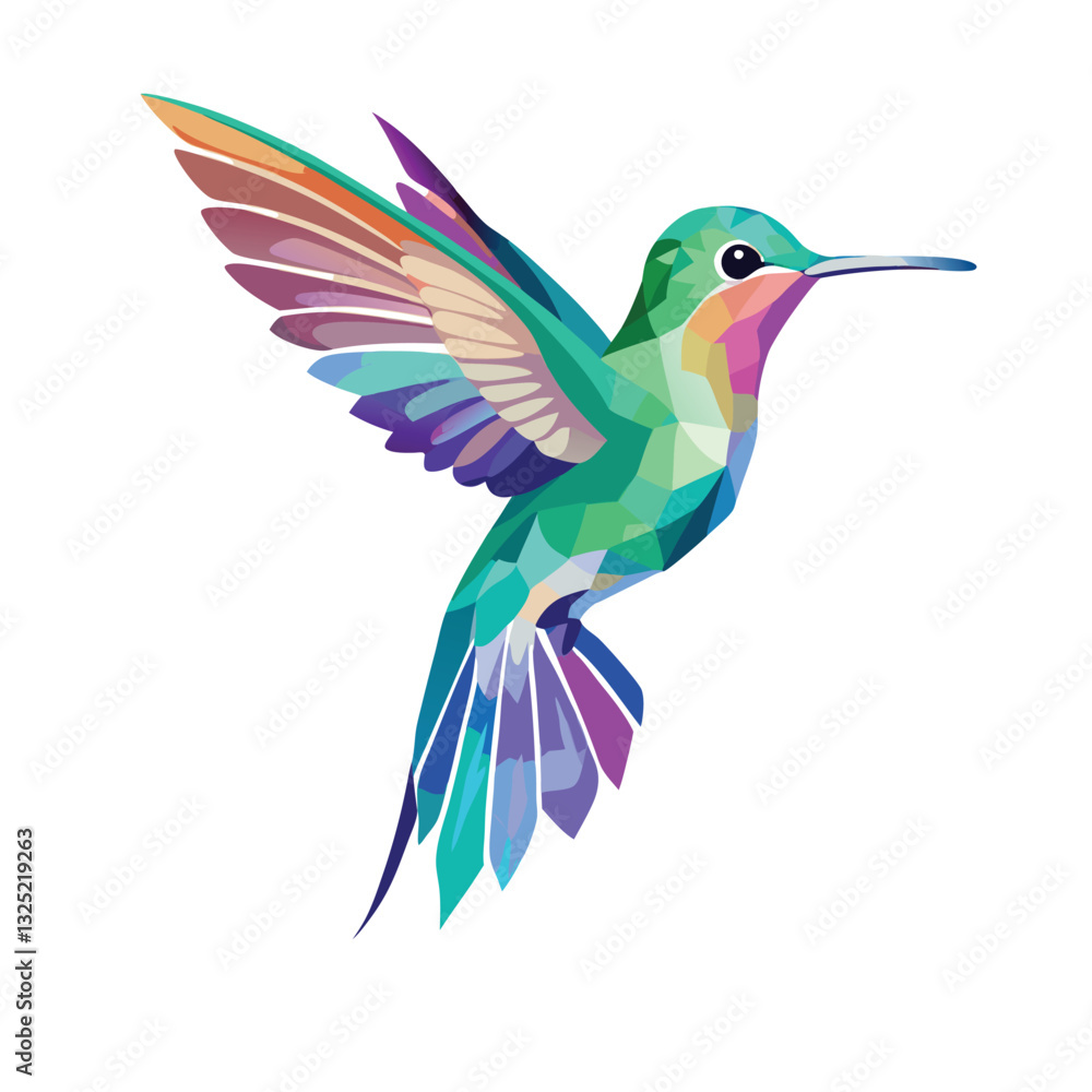 Stunning Geometric Hummingbird Vector Illustration in Vibrant Polygonal Style, Featuring Bright Teal, Purple, and Orange Hues, Symbolizing Agility and Beauty Stunning Geometric Hummingbird Vector Illustration in Vibrant Polygonal Style, Featuring Bright Teal, Purple, and Orange Hues, Symbolizing Agility and Beauty