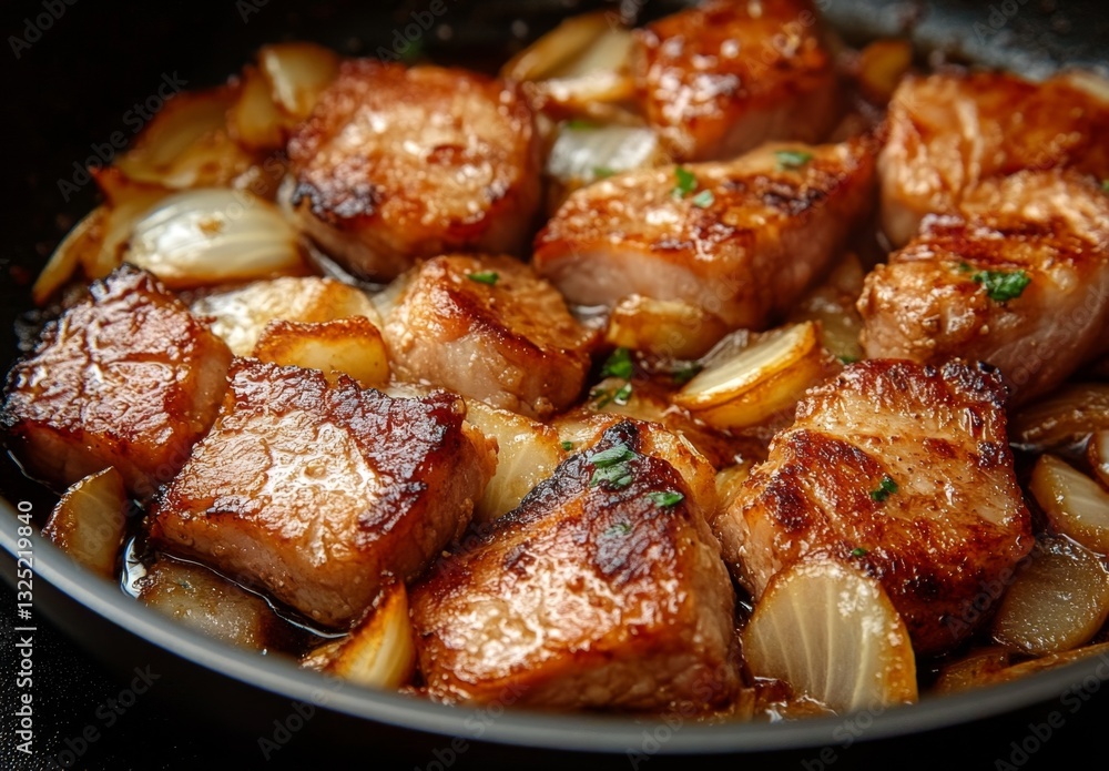 Juicy and Tender Pork Chunks Sizzling in a Skillet with Caramelized Onions and Seasoning for Delectable Home Cooking Experience Juicy and Tender Pork Chunks Sizzling in a Skillet with Caramelized Onions and Seasoning for Delectable Home Cooking Experience